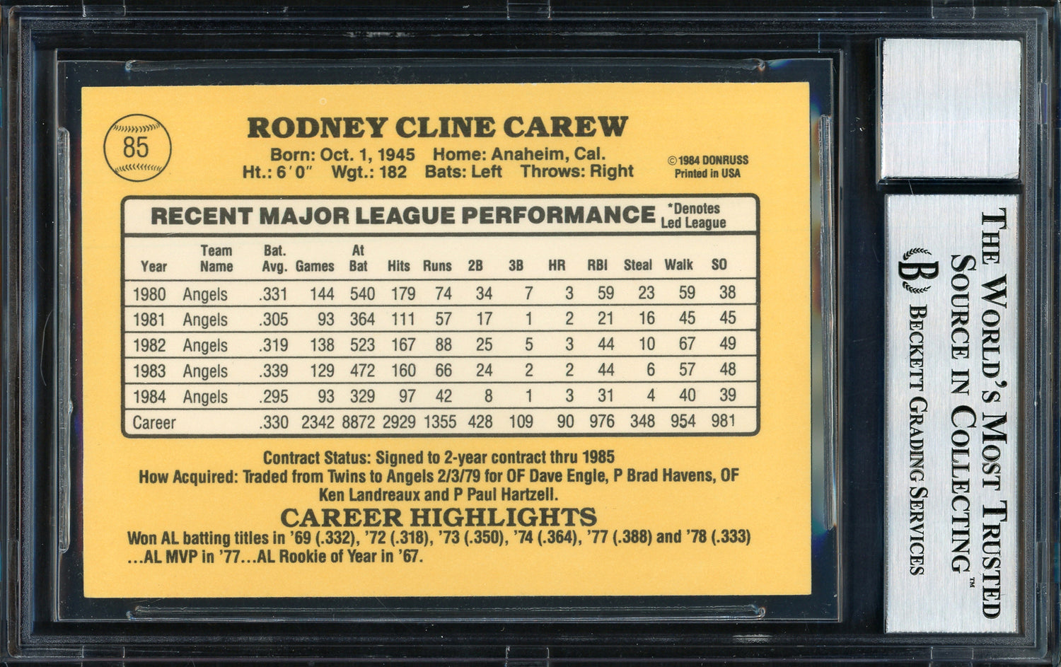 Rod Carew Autographed 1985 Donruss Card #85 California Angels Auto Grade 10 Beckett BAS Stock #186095