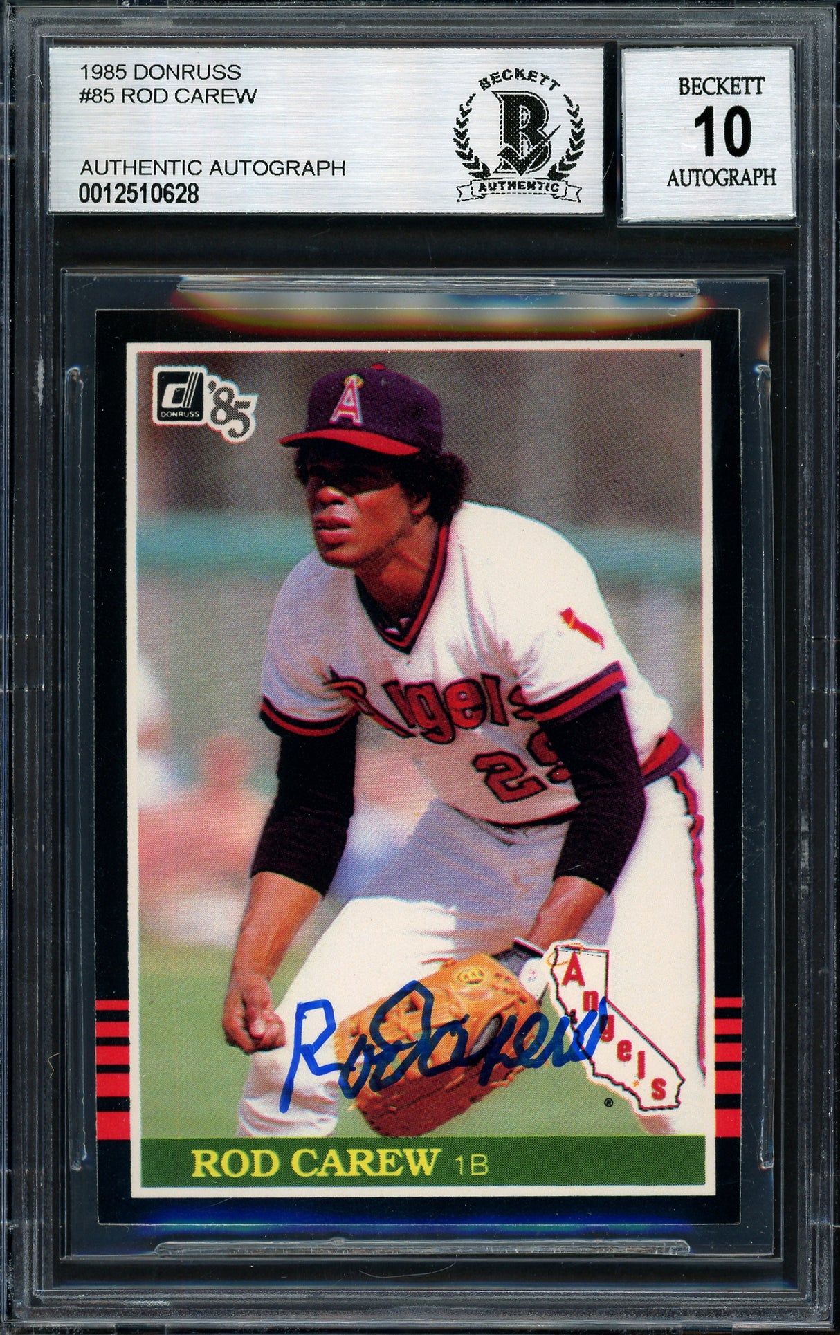 Rod Carew Autographed 1985 Donruss Card #85 California Angels Auto Grade 10 Beckett BAS Stock #186095