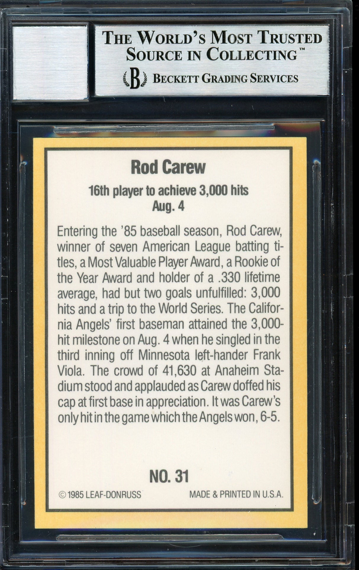 Rod Carew Autographed 1985 Donruss Highlights Card #31 California Angels Auto Grade 10 Beckett BAS Stock #186096