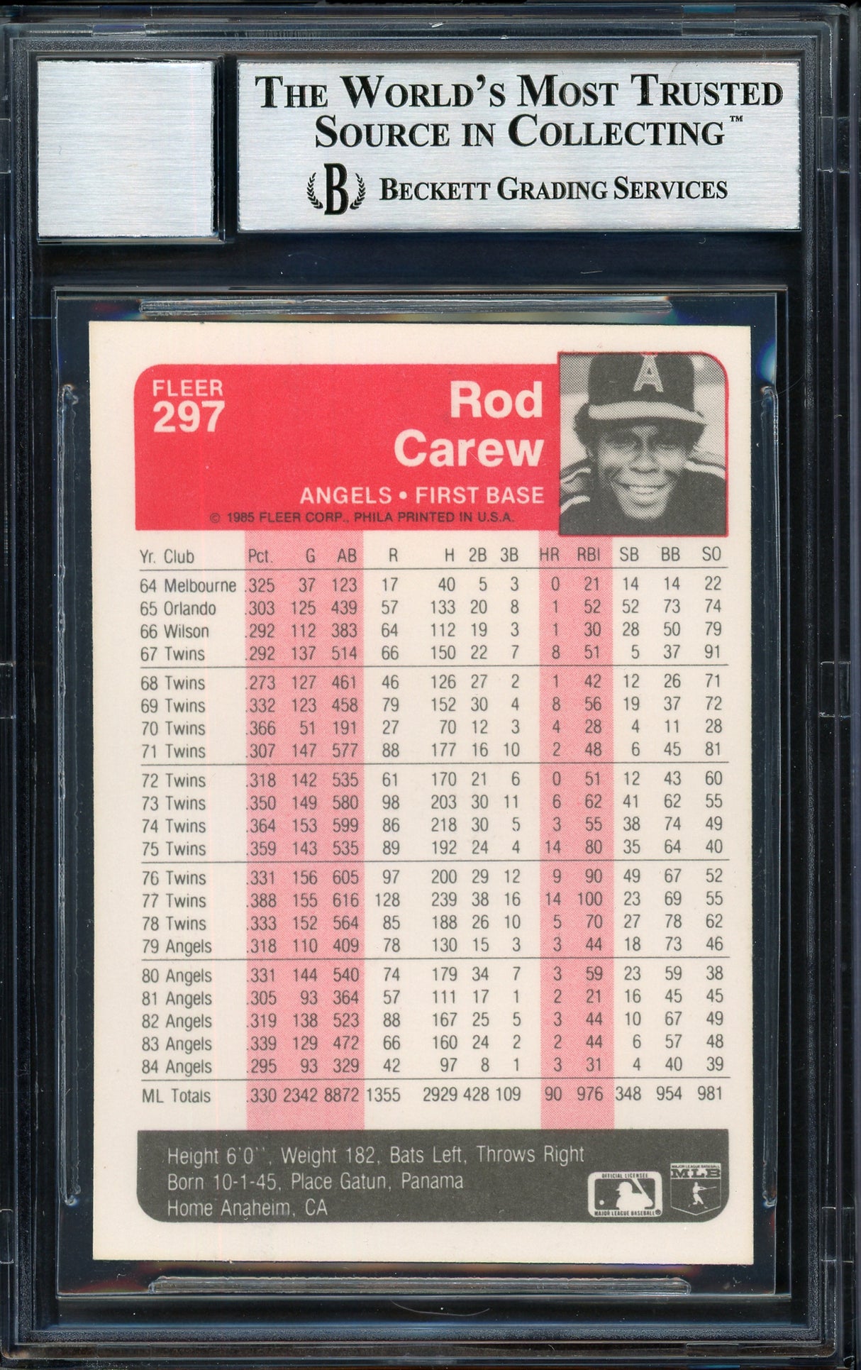 Rod Carew Autographed 1985 Fleer Card #297 California Angels Auto Grade 10 Beckett BAS Stock #186097