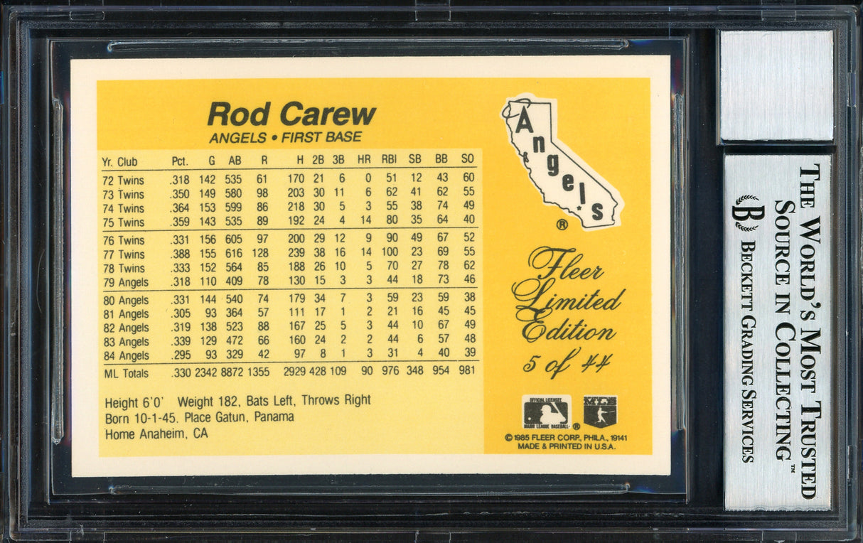 Rod Carew Autographed 1985 Fleer Limited Edition Card #5 California Angels Auto Grade 10 Beckett BAS Stock #186098