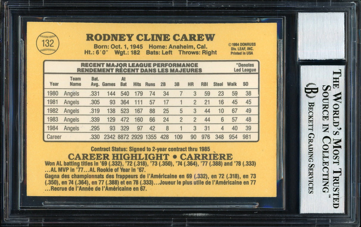 Rod Carew Autographed 1985 Leaf Card #132 California Angels Auto Grade 10 Beckett BAS #12510720