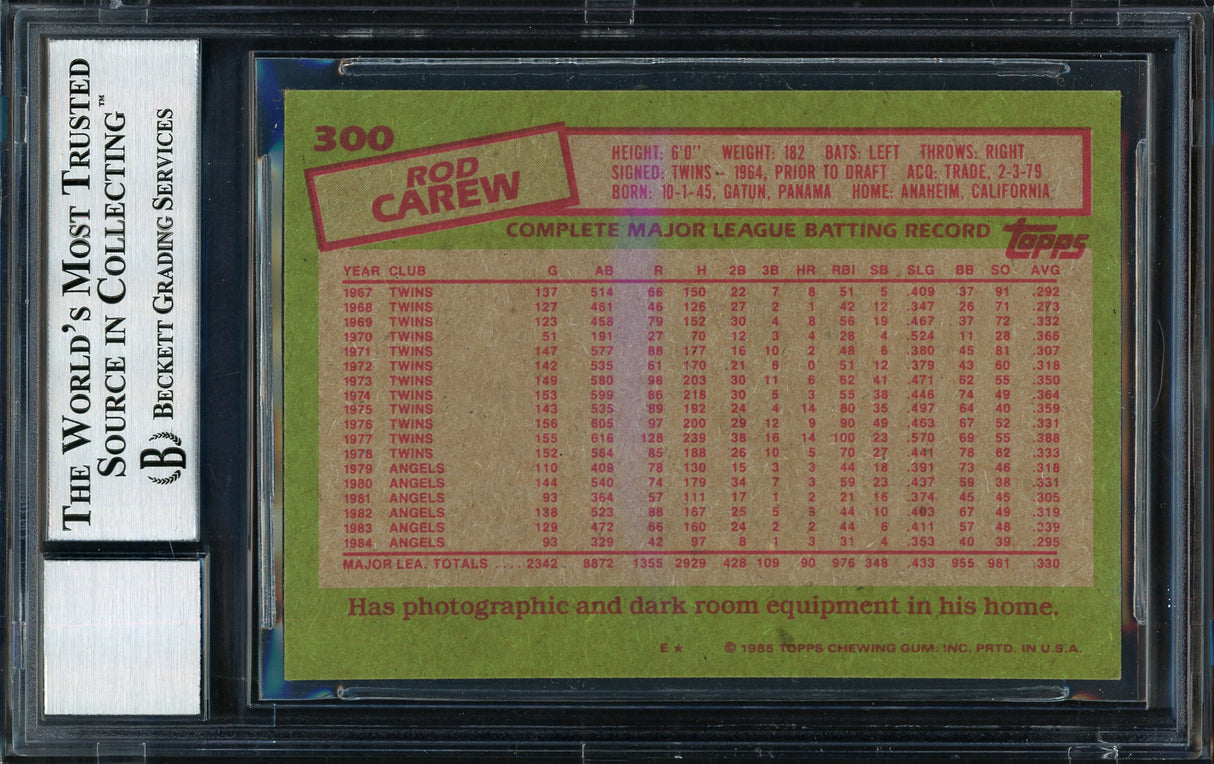 Rod Carew Autographed 1985 Topps Card #300 California Angels Auto Grade 10 Beckett BAS Stock #186103