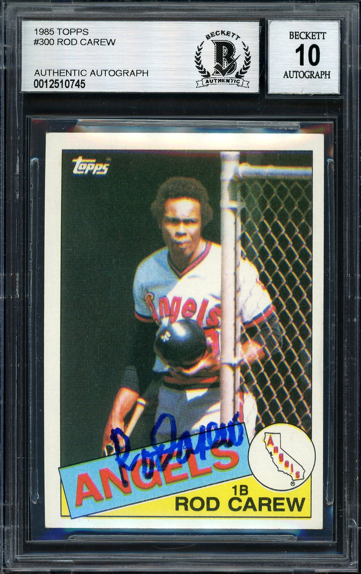 Rod Carew Autographed 1985 Topps Card #300 California Angels Auto Grade 10 Beckett BAS Stock #186103