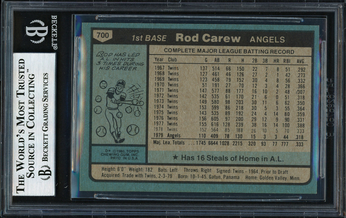 Rod Carew Autographed 1980 Topps Card #700 California Angels Beckett BAS Stock #186109