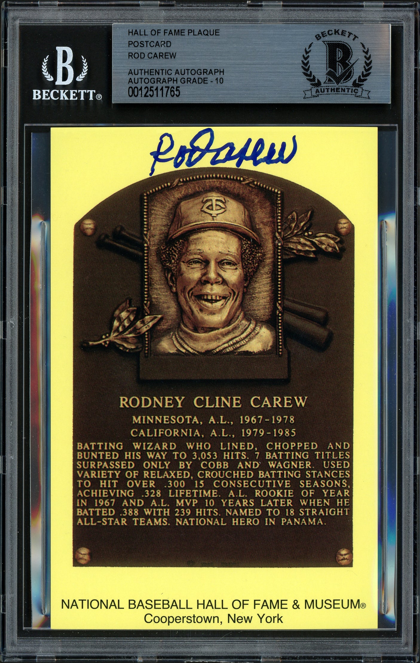 Rod Carew Autographed HOF Plaque Postcard Minnesota Twins Auto Grade 10 Beckett BAS Stock #186138