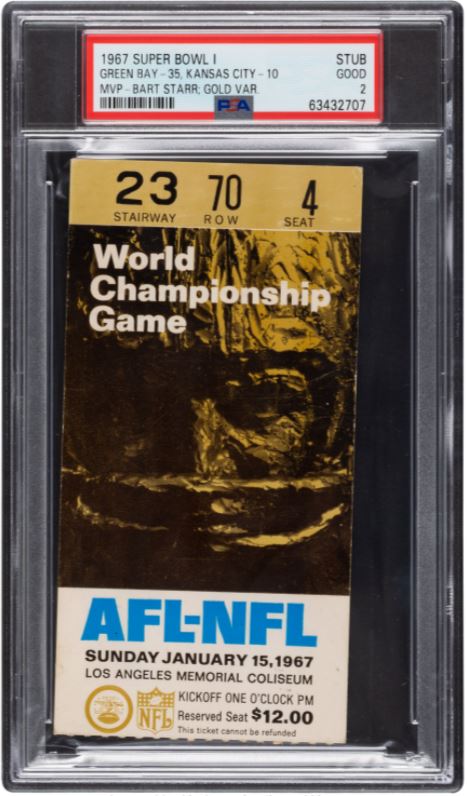 Super Bowl I Green Bay Vs Kansas City Gold Variant Ticket Stub Graded PSA 2 Slab