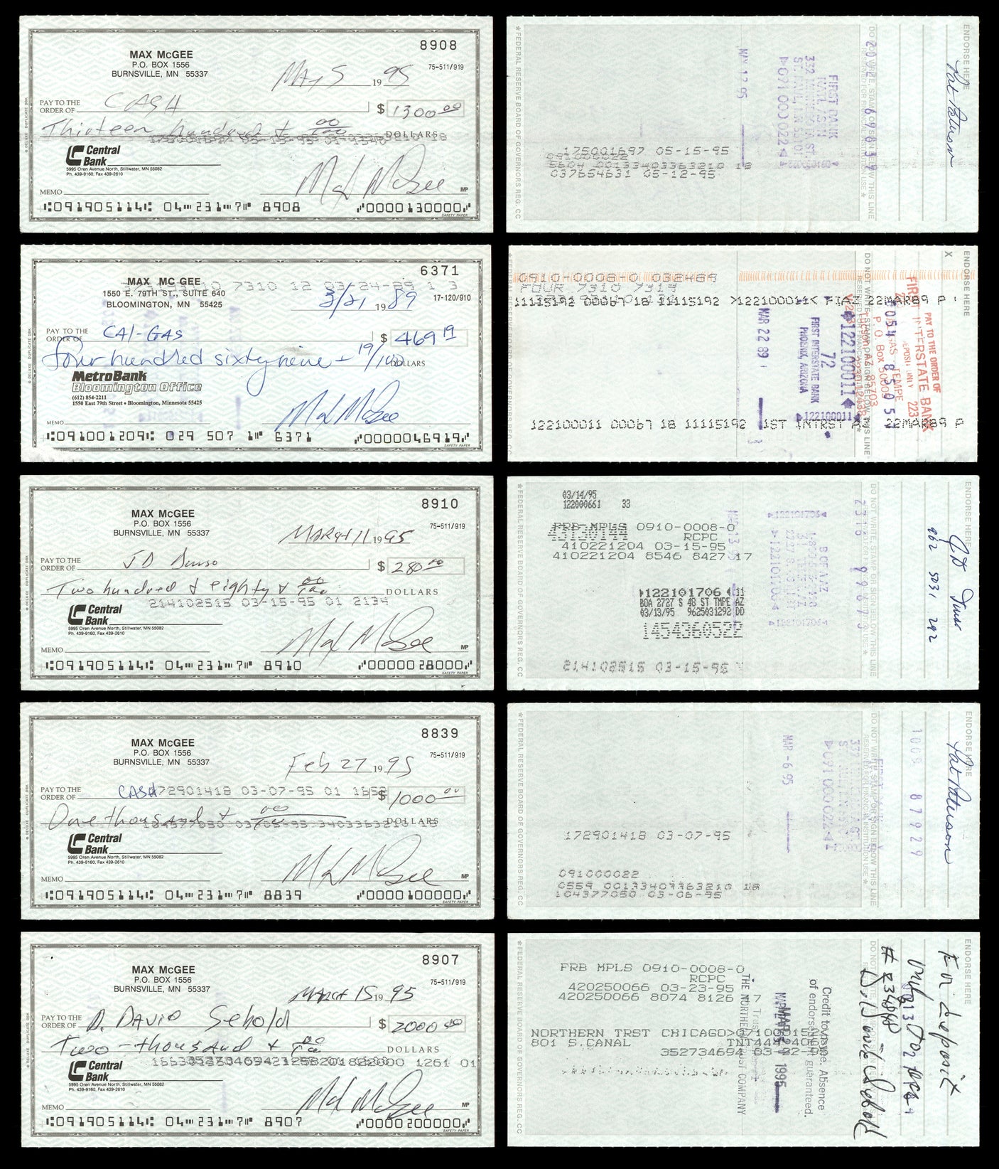 Max McGee Autographed 2.75x6 Check Green Bay Packers Lot of 20 SKU #174045