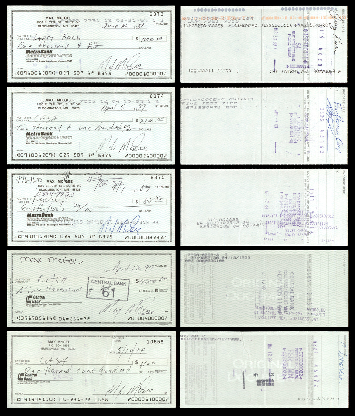 Max McGee Autographed 2.75x6 Check Green Bay Packers Lot of 50 SKU #174046