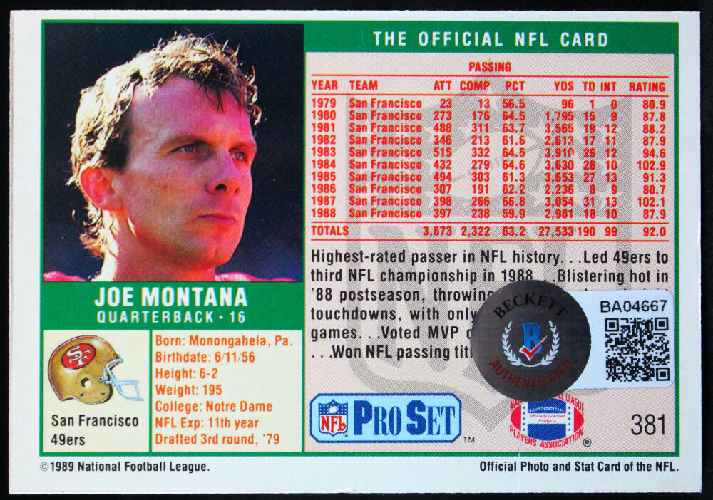 1989 Pro Set #381 Joe Montana 49ers Autograph Beckett Witness