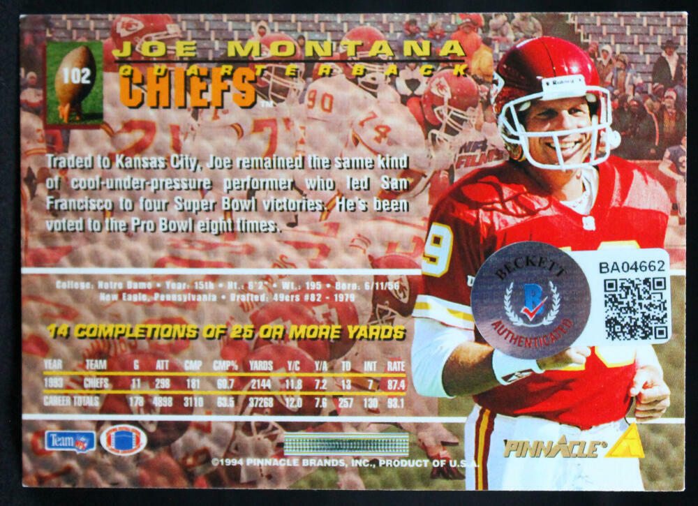 1994 Pinnacle #102 Joe Montana Chiefs Autograph Beckett Witness