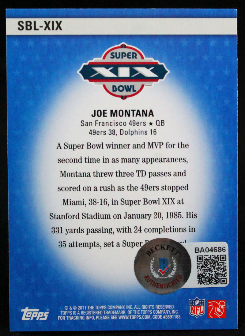 2011 Topps SB Legends #SBL XIX Joe Montana 49ers Autograph Beckett Witness
