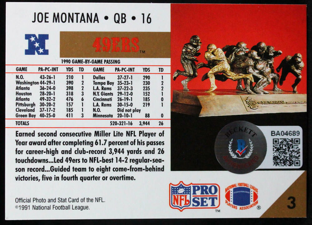 1991 Pro Set #3 Joe Montana 49ers Autograph Beckett Witness