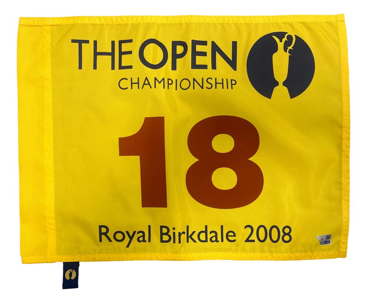 A yellow Sports Integrity golf flag from the 2008 Open Championship at Royal Birkdale, featuring THE OPEN CHAMPIONSHIP with trophy image on top, a large red 18, and event details printed at the bottom.