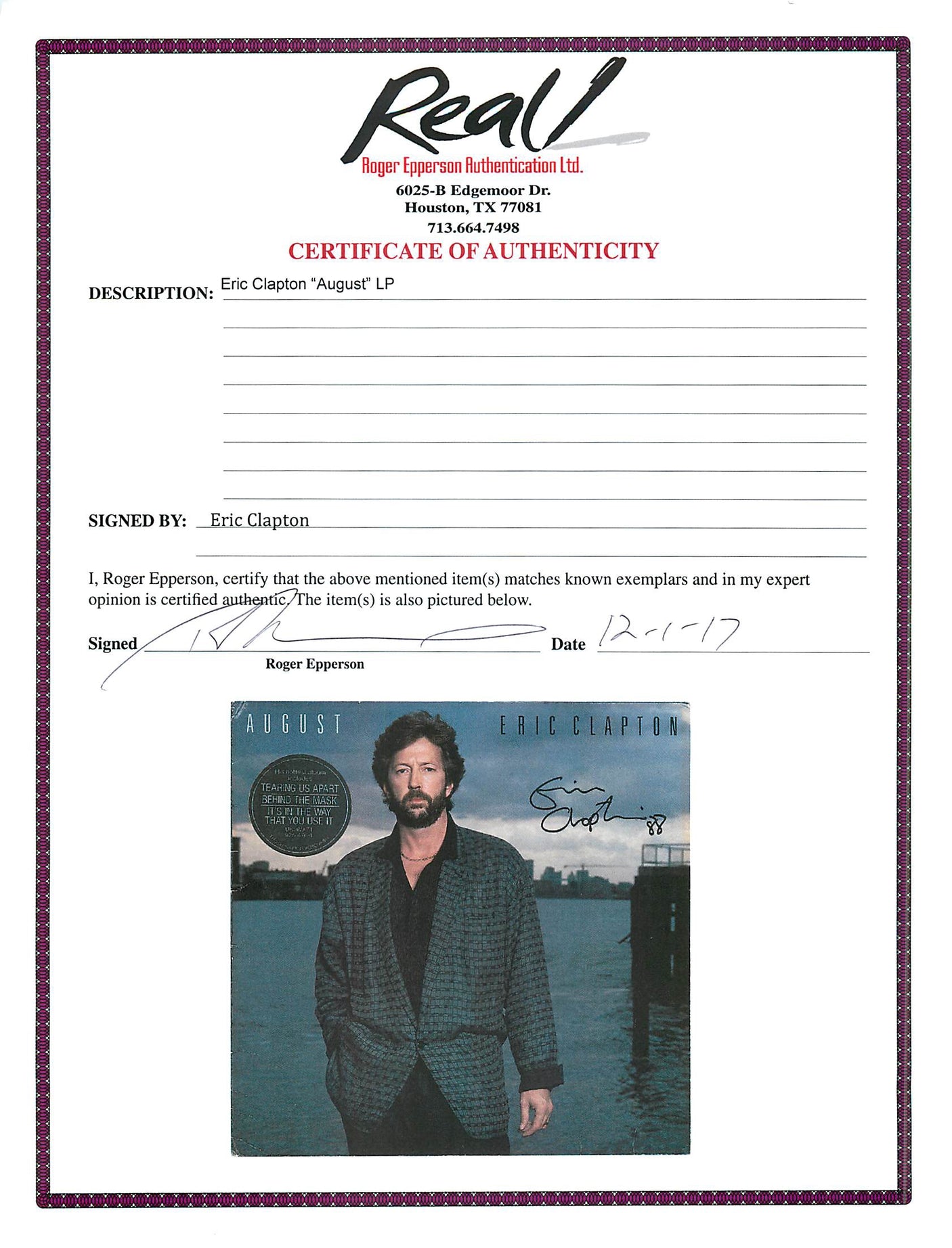 Eric Clapton "88" Authentic Signed August Album Cover W/ Vinyl REAL LOA