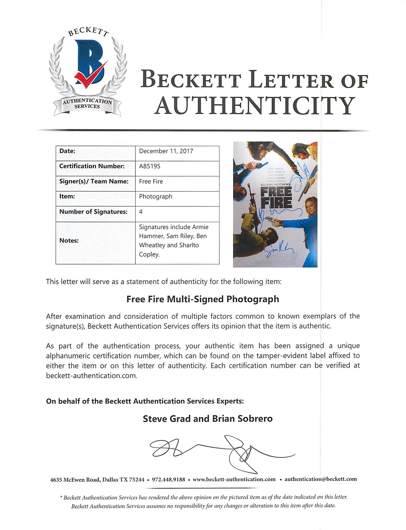 Free Fire (4) Hammer, Copley +2 Signed 12x18 Mini Movie Poster BAS #A85195