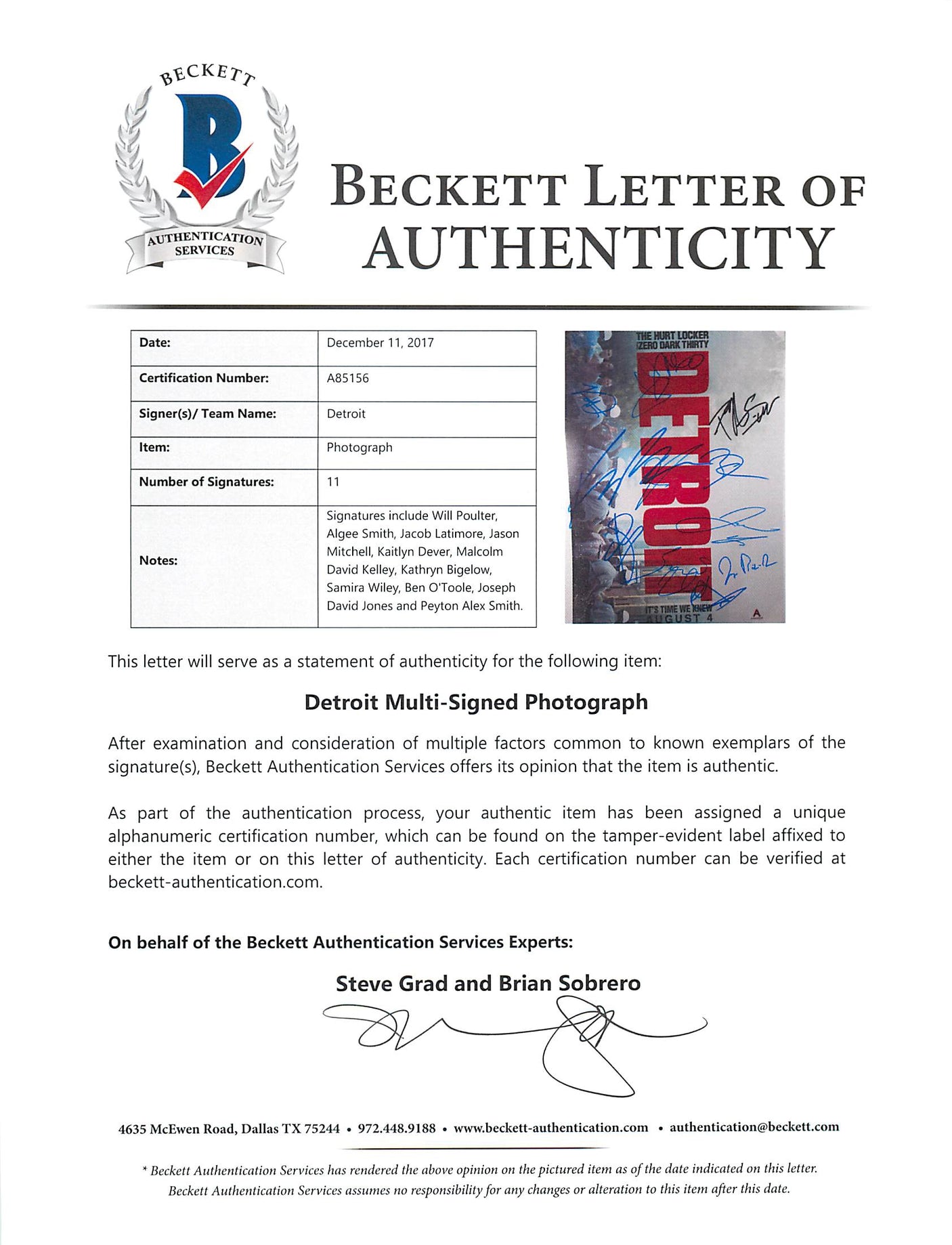 Detroit (Kathryn Bigelow +10) Authentic Signed 11x14 Photo BAS #A85156