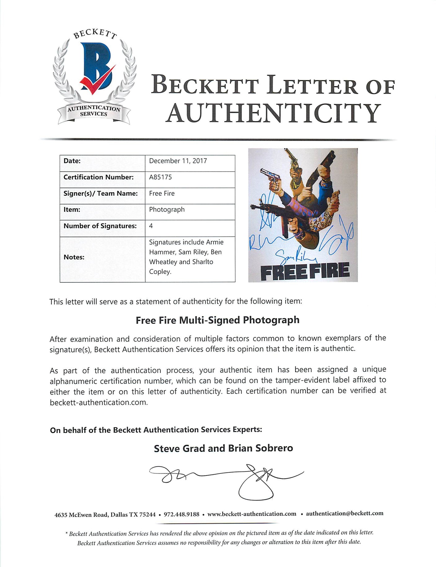 Free Fire (Hammer, Riley, Wheatley +1) Authentic Signed 11x14 Photo BAS #A85175