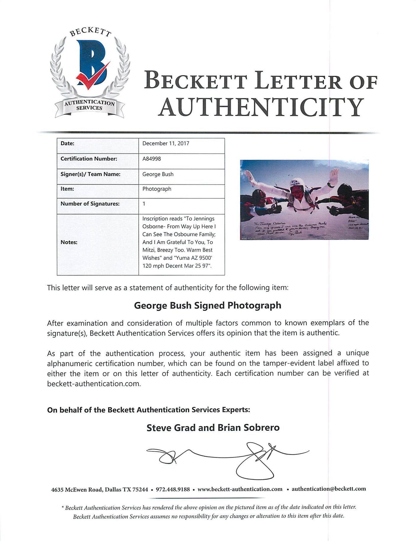 George H.W. Bush Signed & Matted 85th Birthday Skydiving 8x12 Photo BAS #A84998