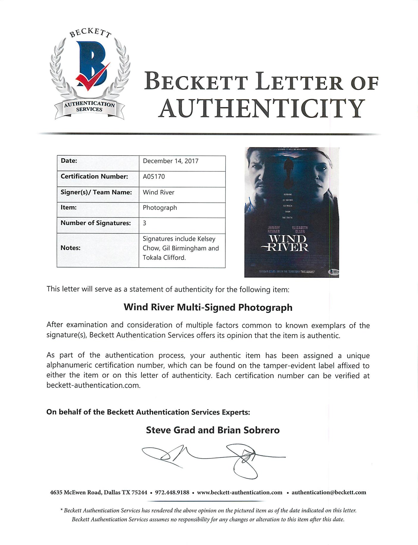 Wind River (Chow, Birmingham +1) Authentic Signed 11x14 Photo BAS #A05170