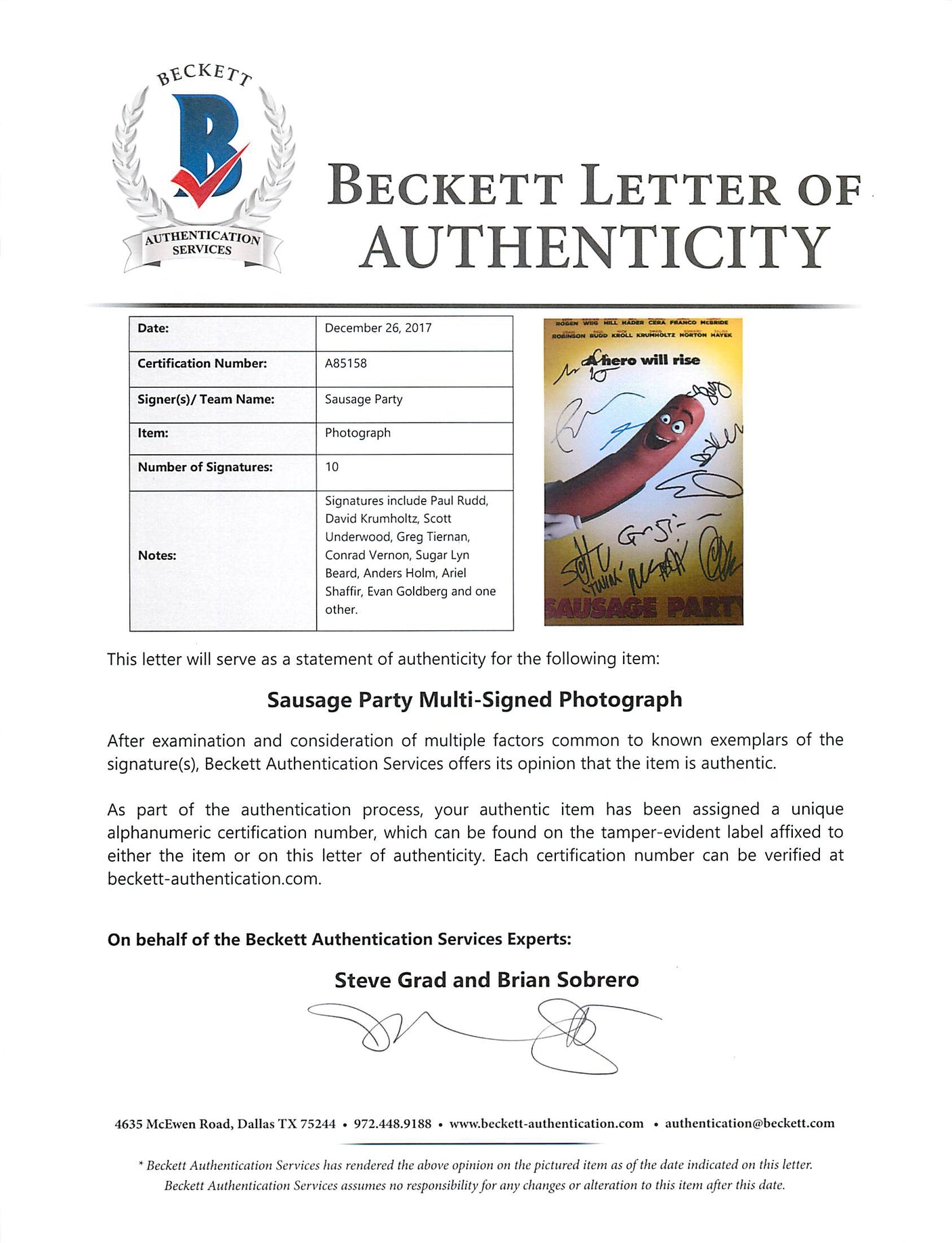 Sausage Party (Paul Rudd, David Krumholtz +8) Signed 12x18 Photo BAS #A85158