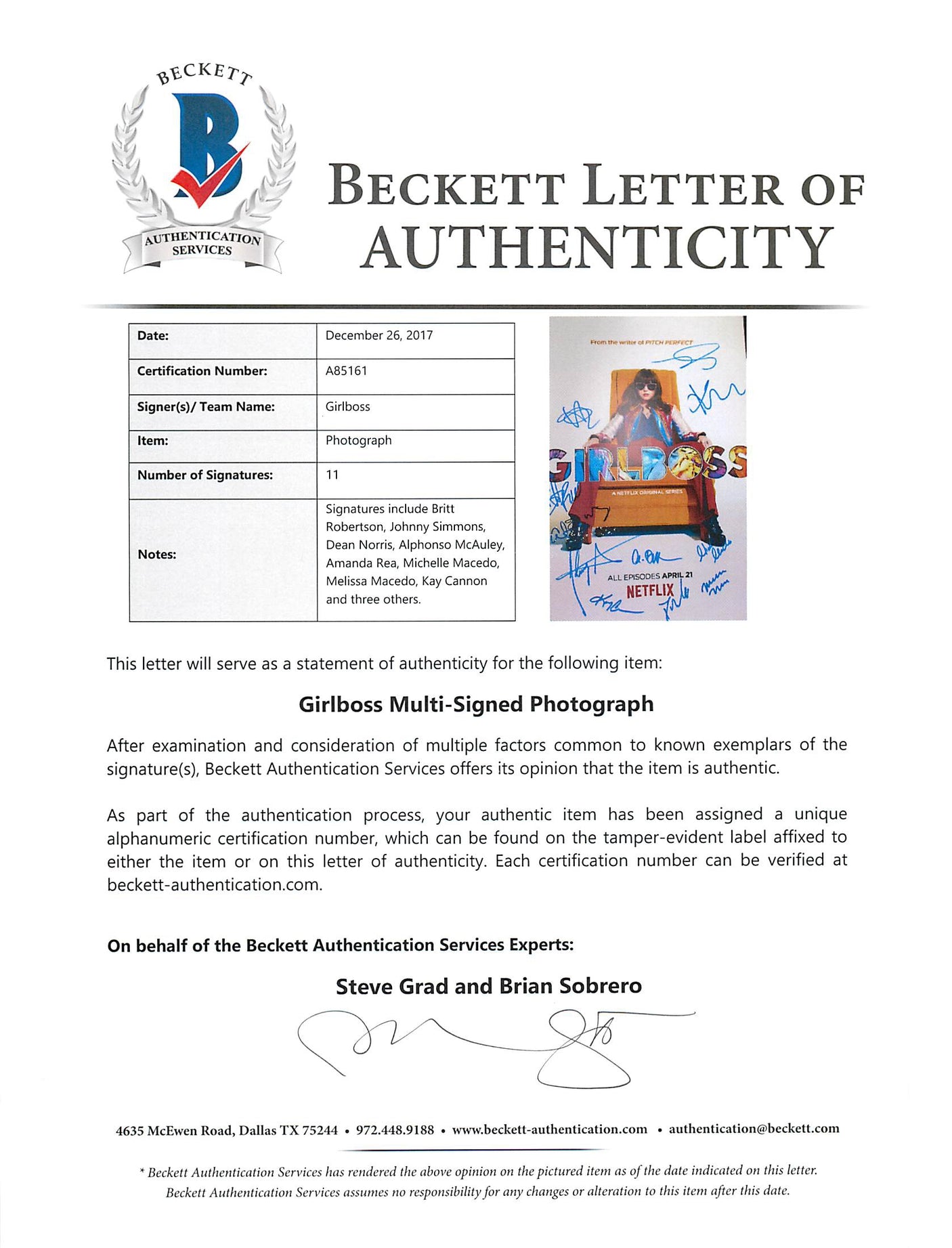 Girlboss (Britt Robertson, Johnny Simmons +9) Signed 12x18 Photo BAS #A85161