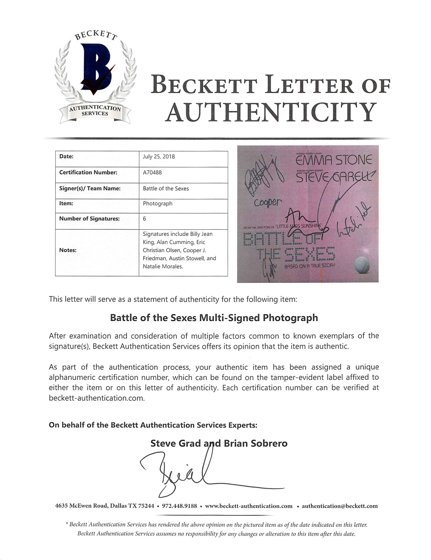 Battle Of The Sexes (6) King, Cumming, Olsen +3 Signed 12x18 Photo BAS #A70488