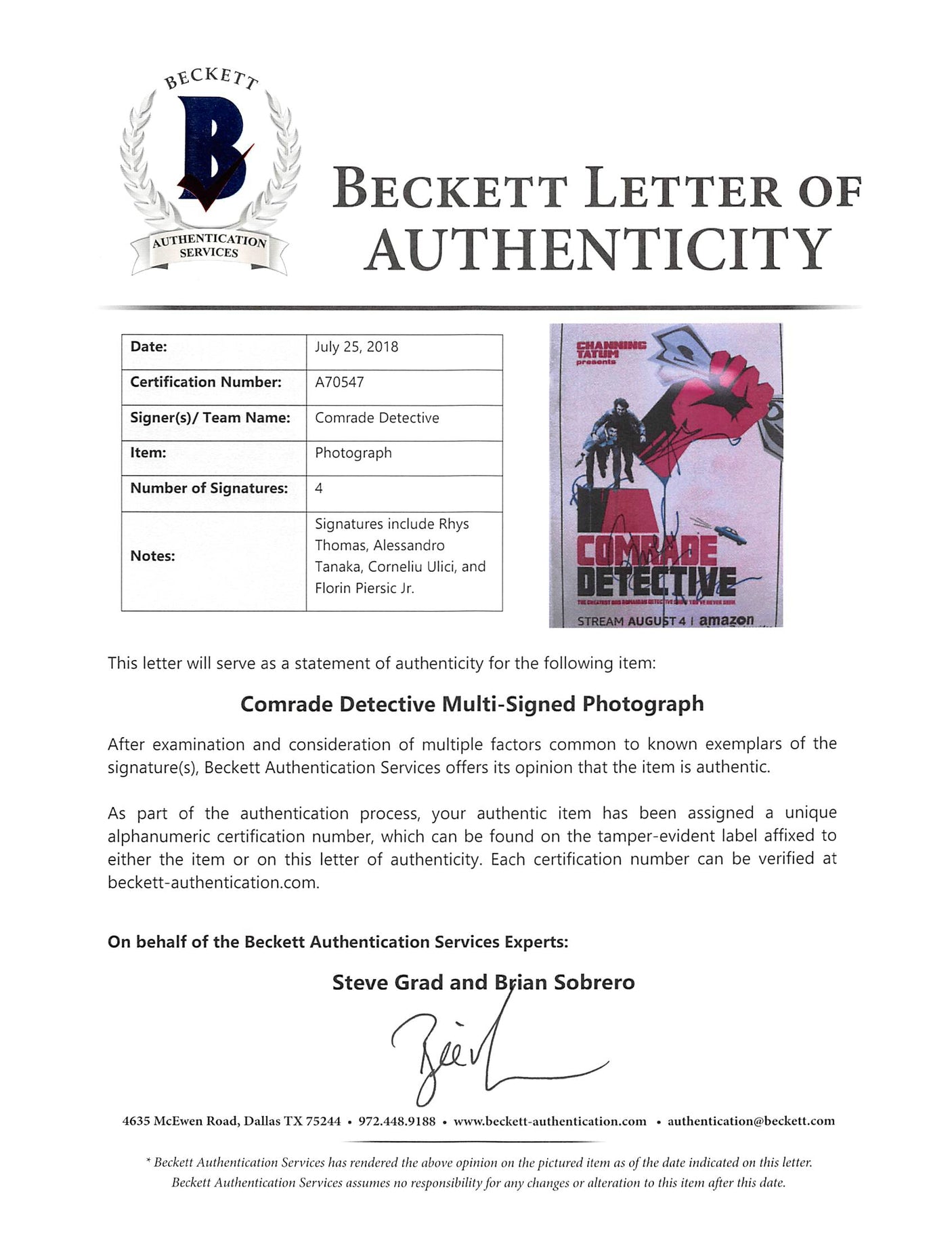 Comrade Detective (4) Thomas, Tanaka, Ulici +1 Signed 8x10 Photo BAS #A70547