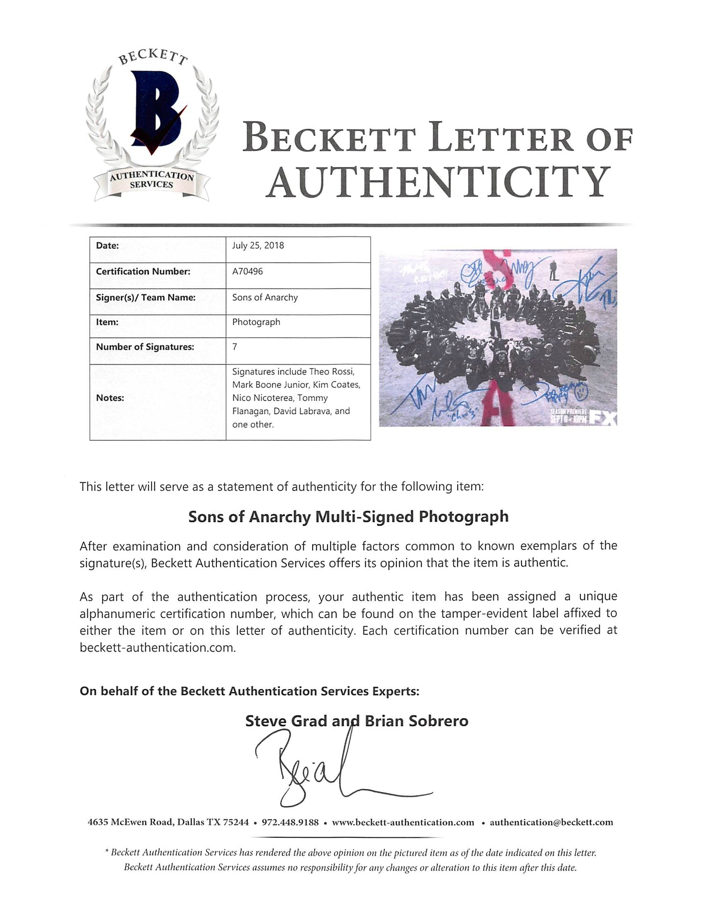 Sons of Anarchy (7) Coates, Nicoterea Flanagan +4 Signed 11x14 Photo BAS #A70496