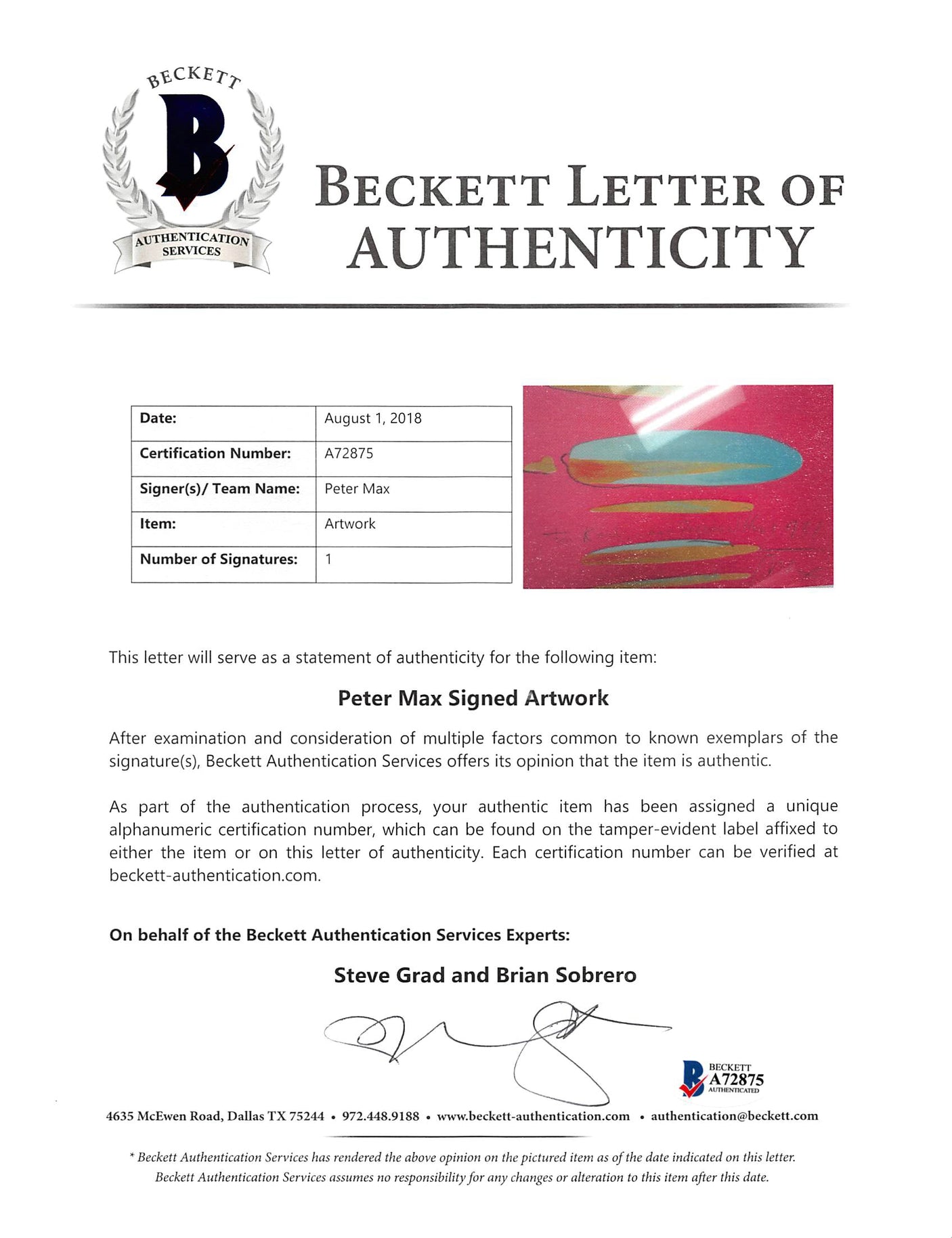 Peter Max "Warm Regards 1981" Authentic Signed 21.5x28 Artist Proof BAS #A72875