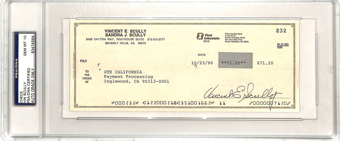 Dodgers Vin Scully Signed 3.35x8.5 Check Auto Graded Gem 10! PSA/DNA Slabbed