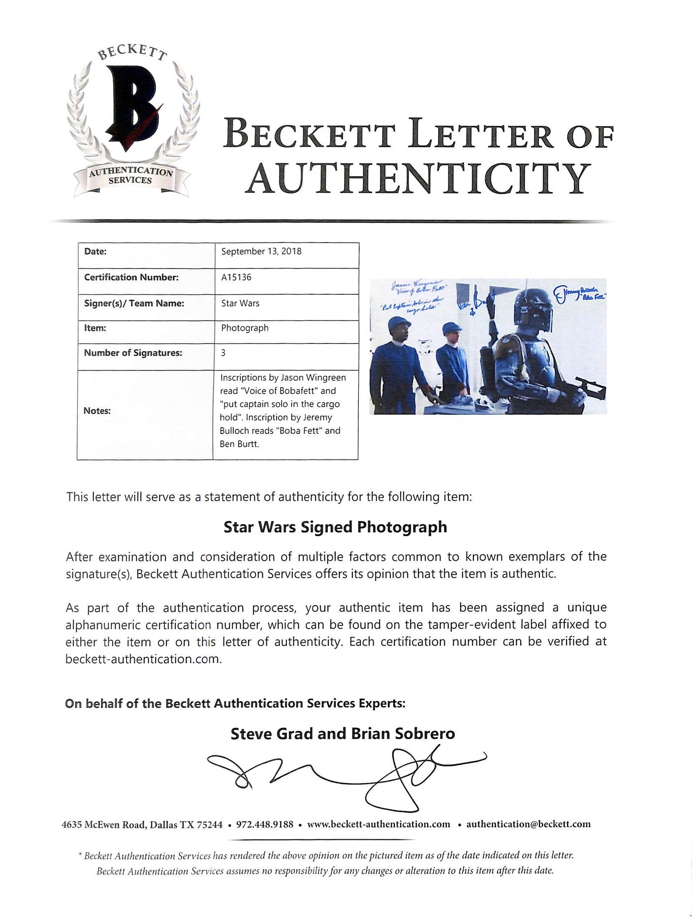 Star Wars (3) Wingreen, Bullock & Burtt Authentic Signed 11x14 Photo BAS #A15136