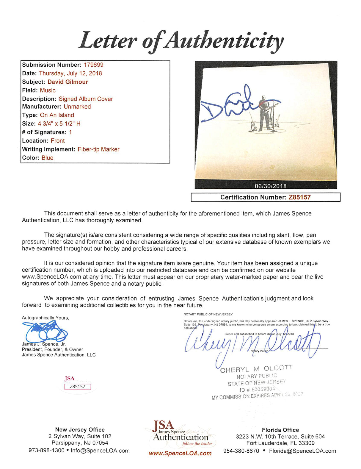 Pink Floyd David Gilmour Authentic Signed On An Island Cd Cover Page JSA #Z85157
