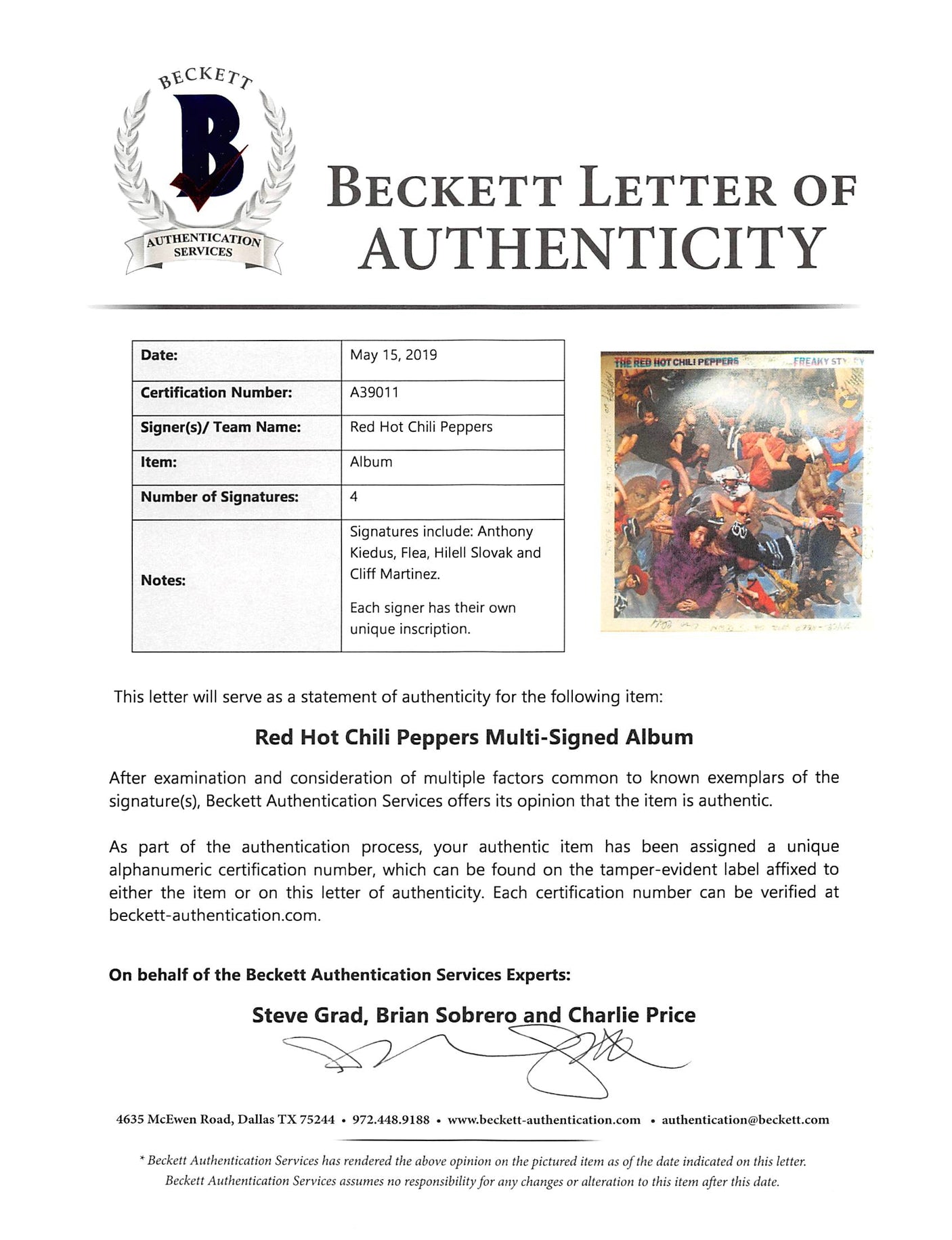 RHCP (4) Kiedis, Flea, Slovak, Martinez Signed Freaky Styley Album Cover BAS