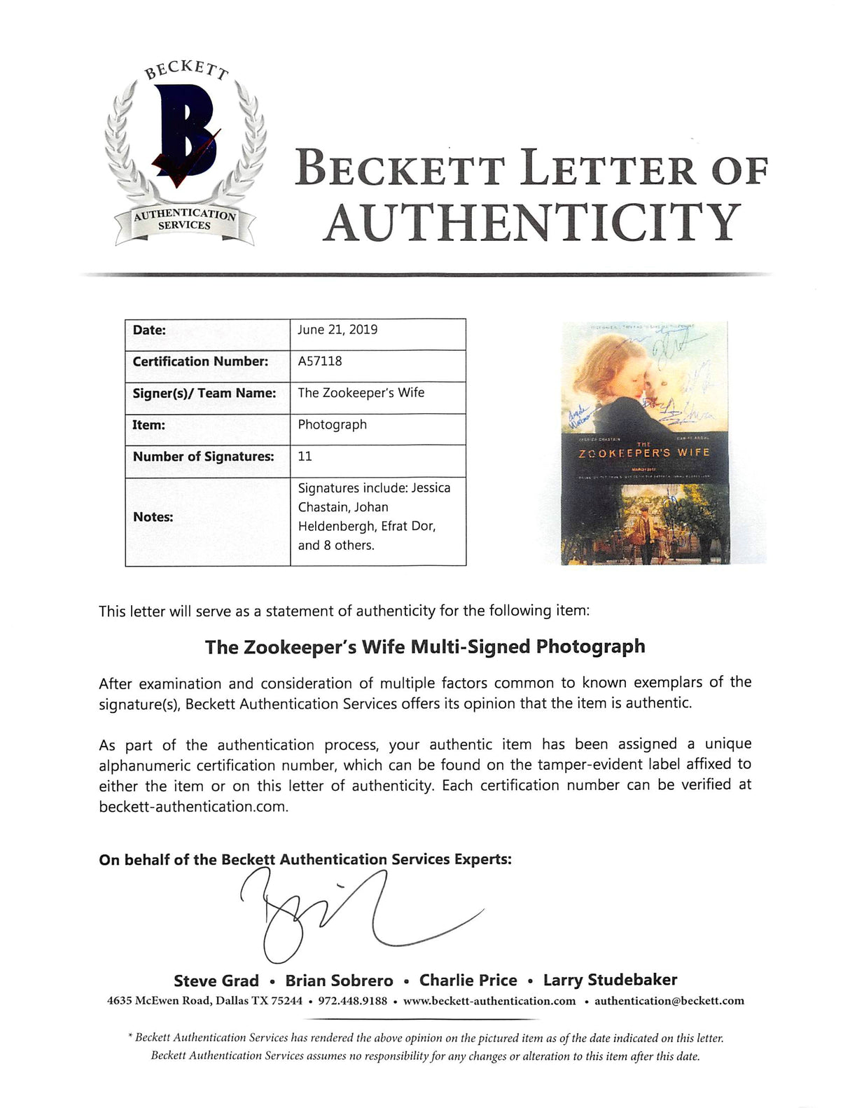 The Zookeeper's Wife (11) Jessica Chastain +10 Signed 12x18 Photo BAS #A57118