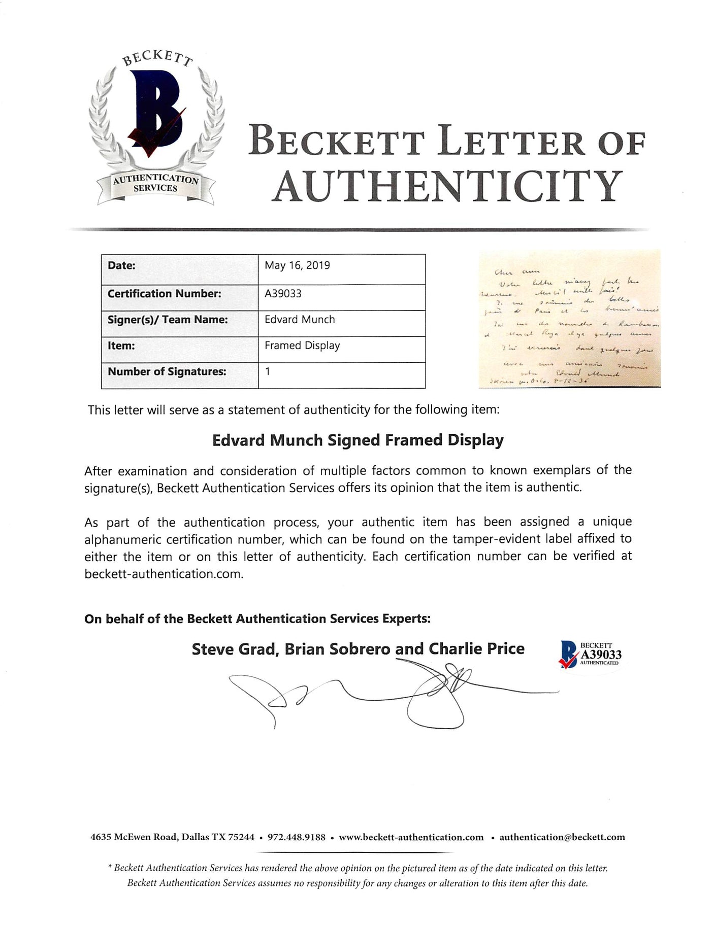 Edvard Munch Authentic Signed & Framed 4x5.5 Letter The Scream Display BAS