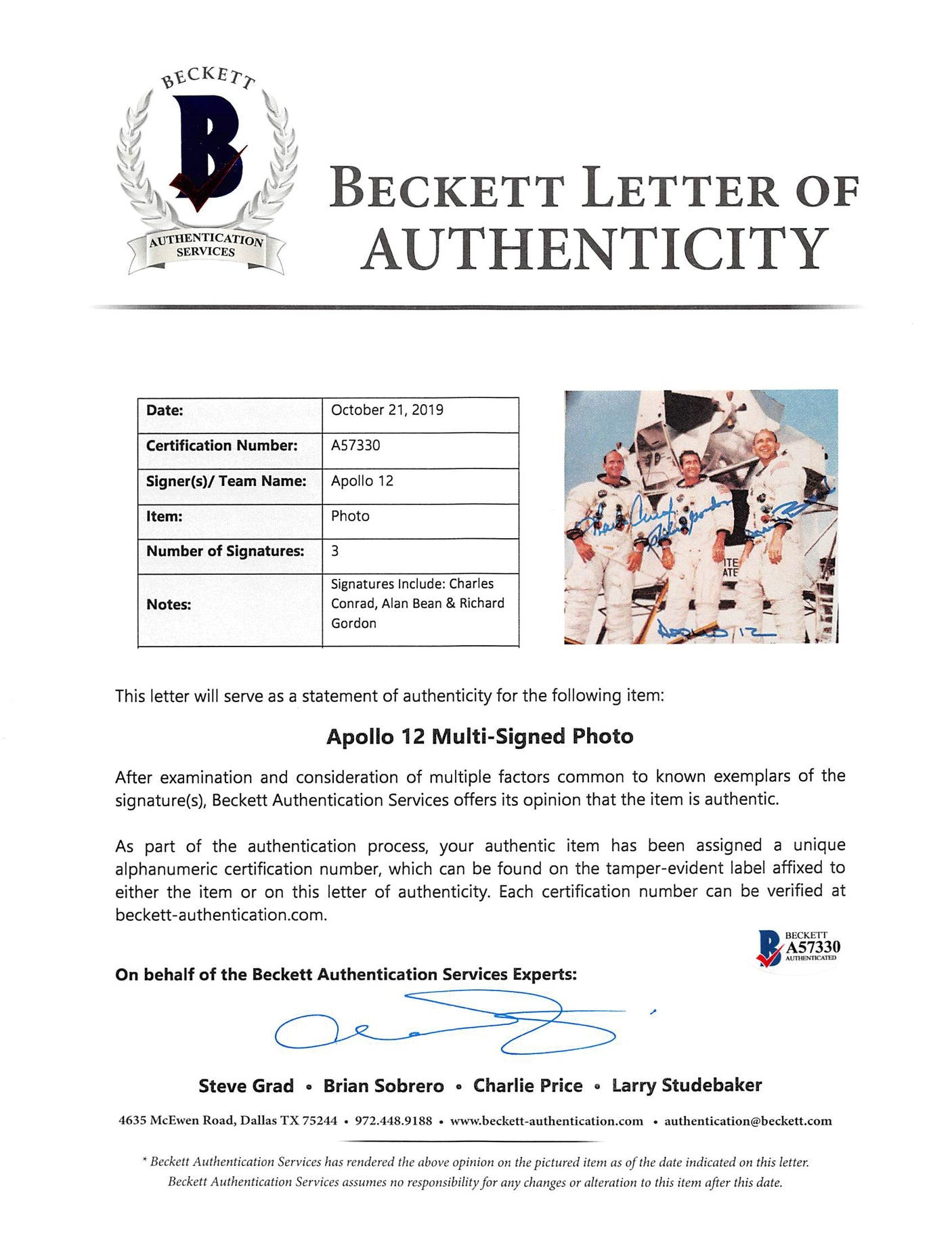 Apollo 12 Crew (3) Conrad, Gordon & Bean Authentic Signed 8x10 Photo BAS #A57330