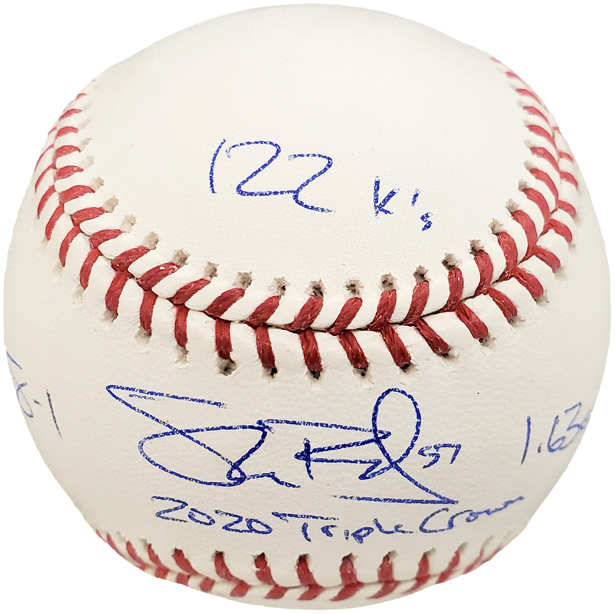 Shane Bieber Autographed Official MLB Baseball Cleveland Indians "2020 Triple Crown" With 3 Stats Beckett BAS Stock #185110