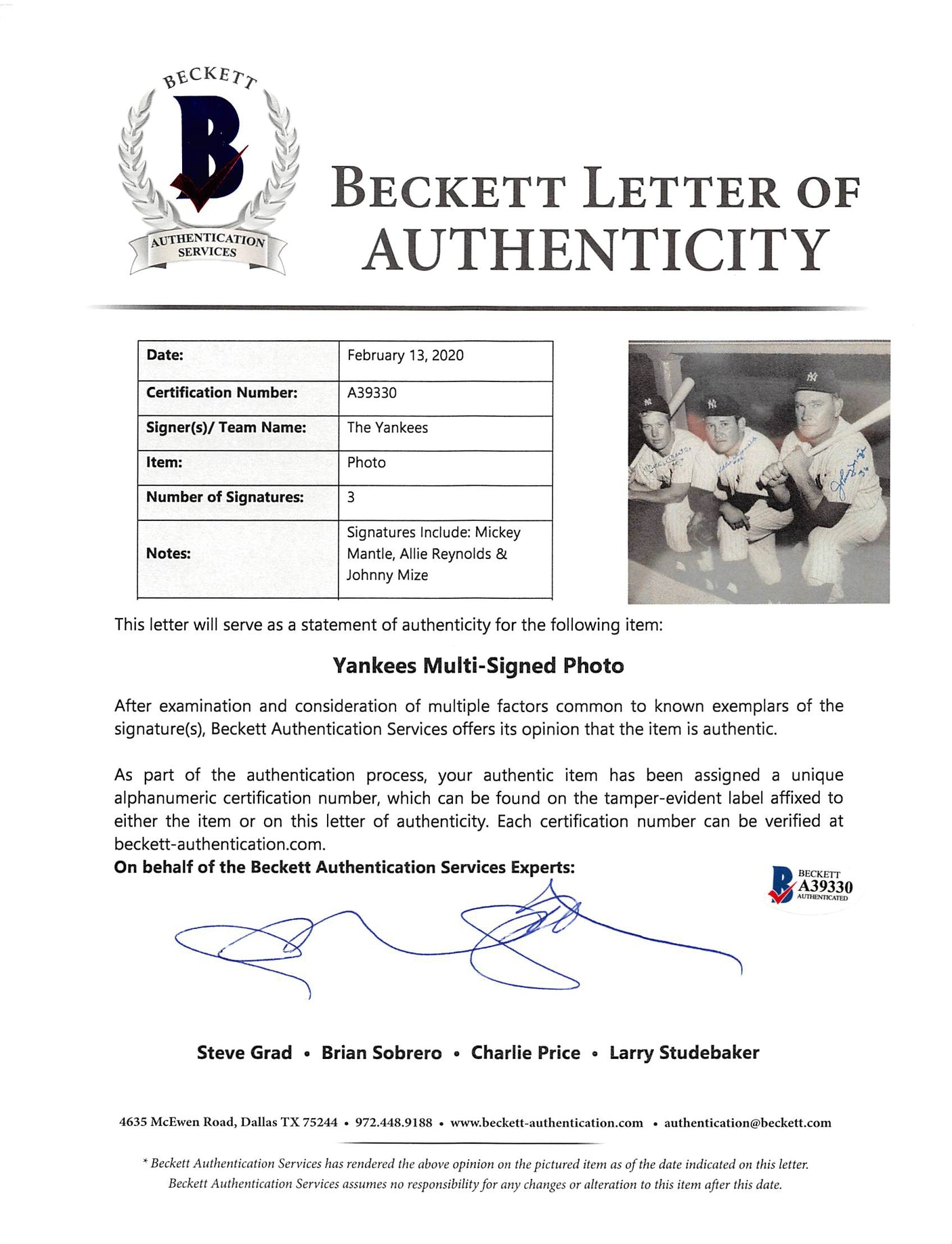 Yankees (3) Mantle, Reynolds & Mize Signed 16x20 Framed Photo BAS #A39330