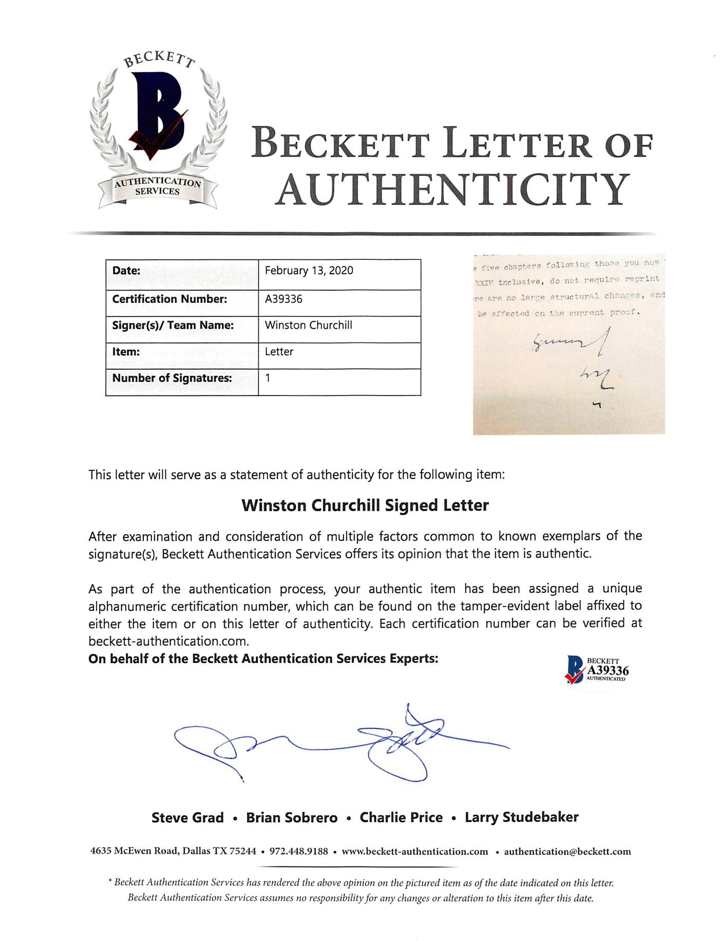 Winston Churchill Authentic Signed 1937 8x10 Letter w/ Content BAS #A39336
