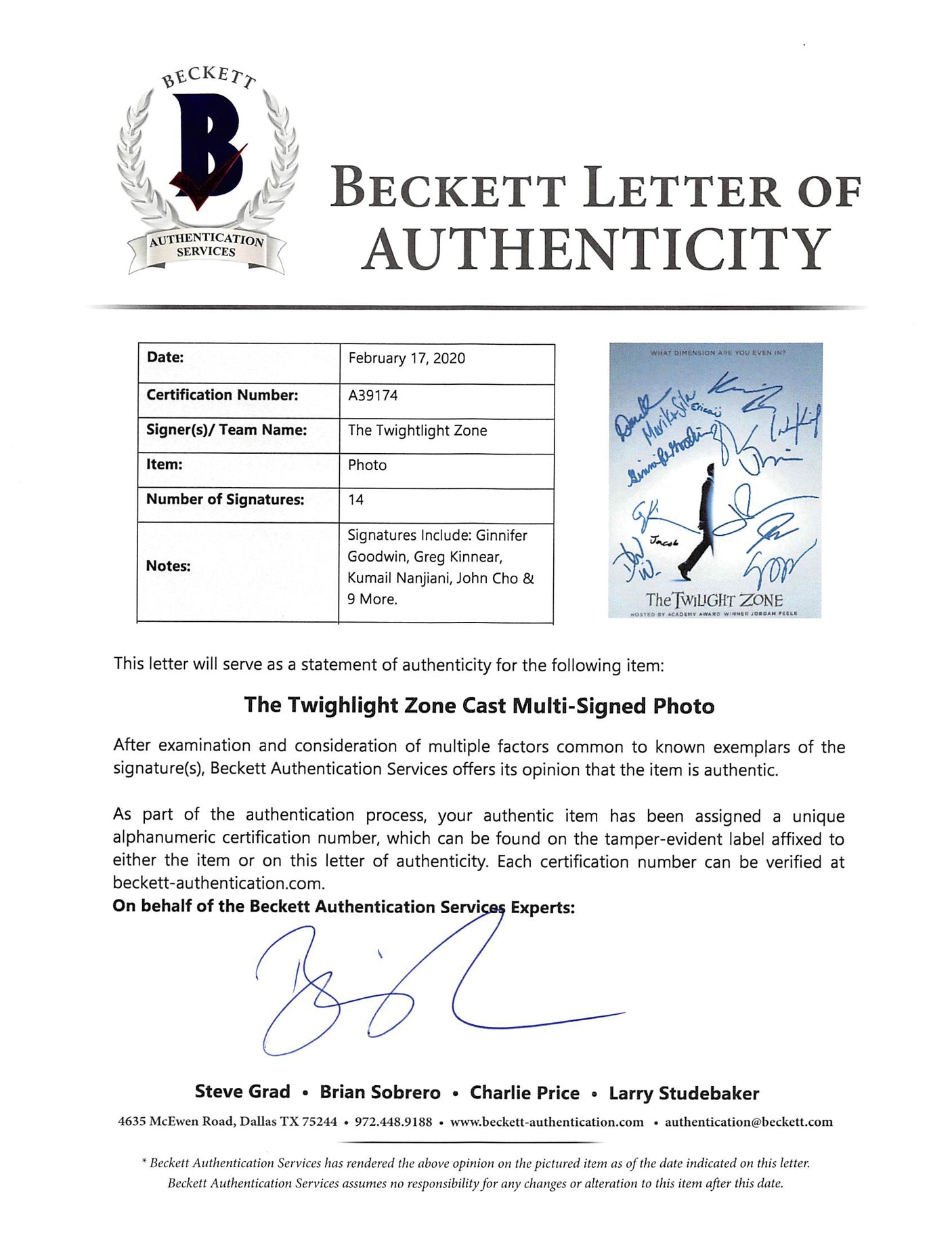 The Twilight Zone (14) Goodwin, Tremblay, Kinnear Signed 11x14 Photo BAS #A39174