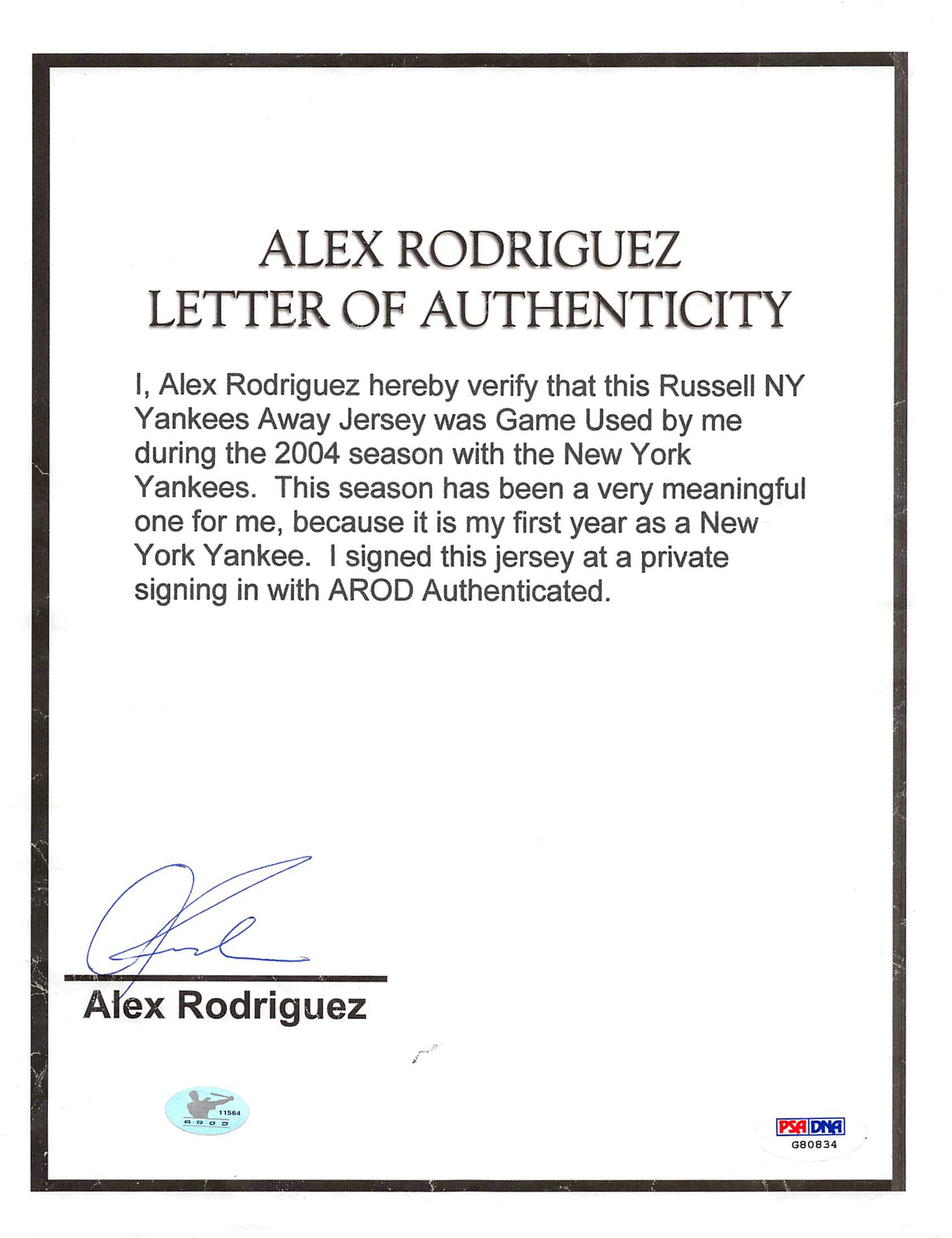 Yankees Alex Rodriguez 2004 Game Used Grey RA Jersey Auto Graded 9! PSA/DNA