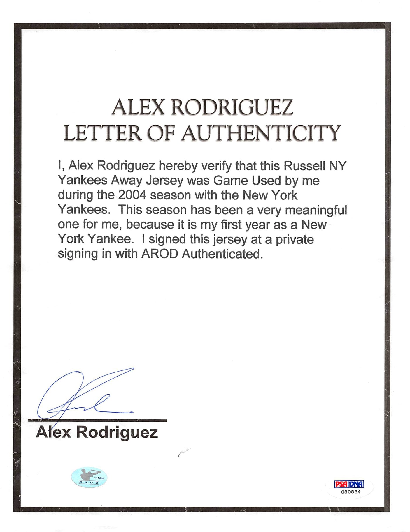 Yankees Alex Rodriguez 2004 Game Used Grey RA Jersey Auto Graded 9! PSA/DNA