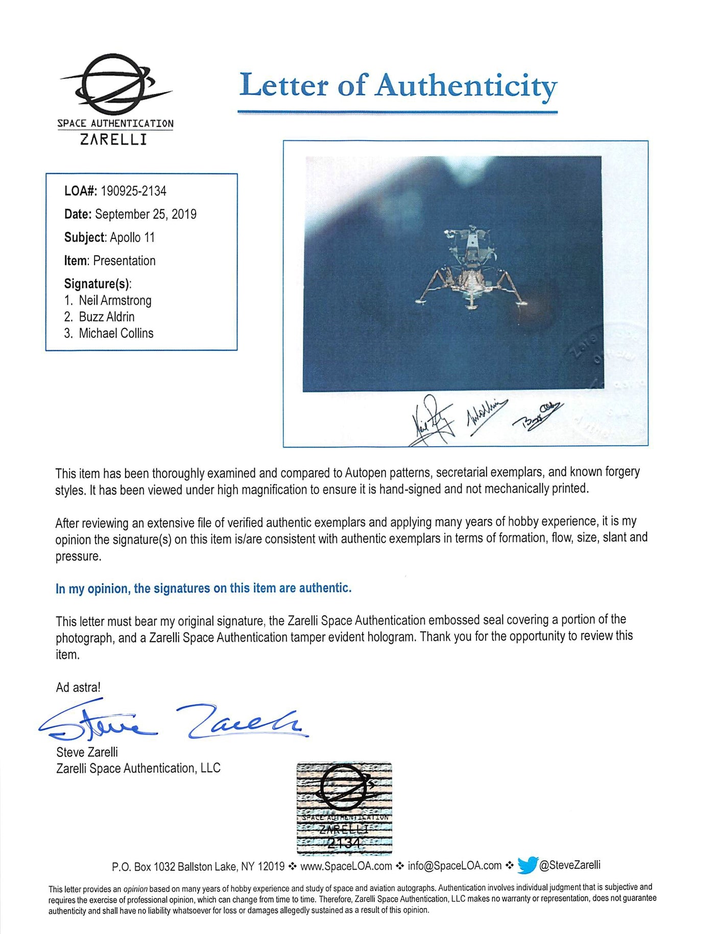 Apollo 11 (3) Armstrong, Aldrin & Collins Signed Matted 10.75x13.45 Photo BAS