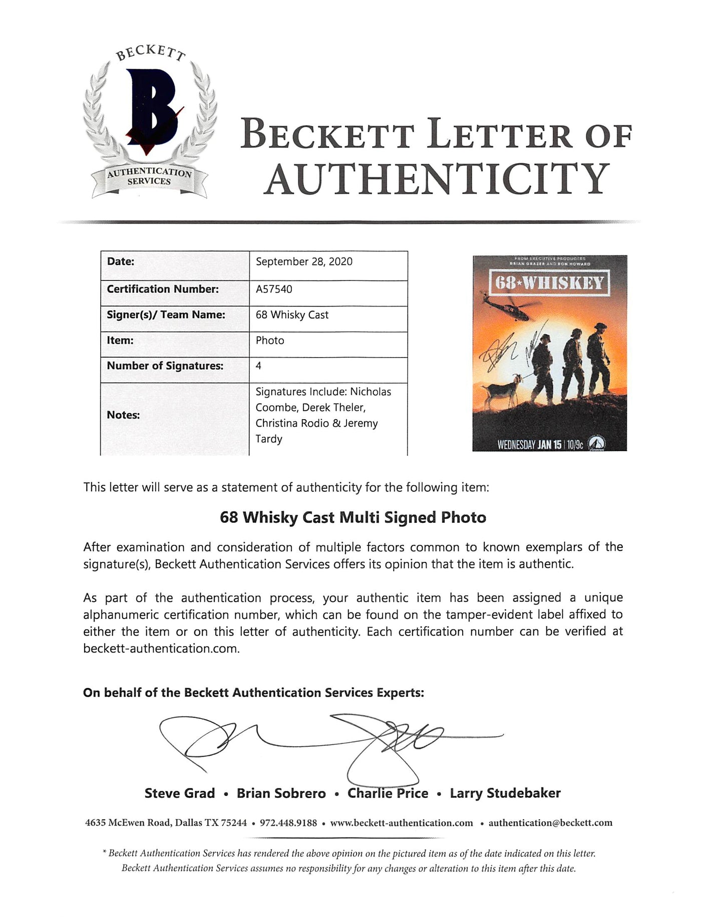 68 Whiskey (4) Coombe, Theler, Rodio & Tardy Signed 11x14 Photo BAS #A57540