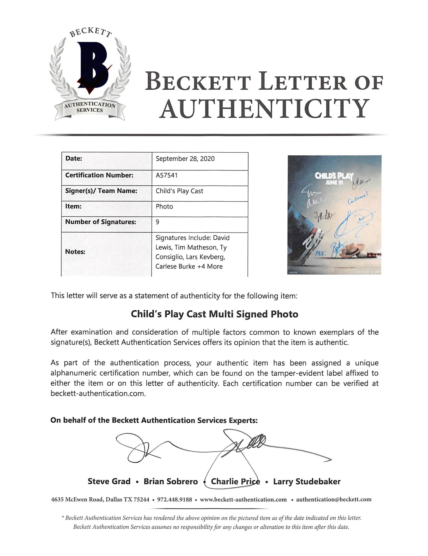 Child's Play (9) Lewis, Matheson, Consiglio, +6 Signed 11x14 Photo BAS #A57541