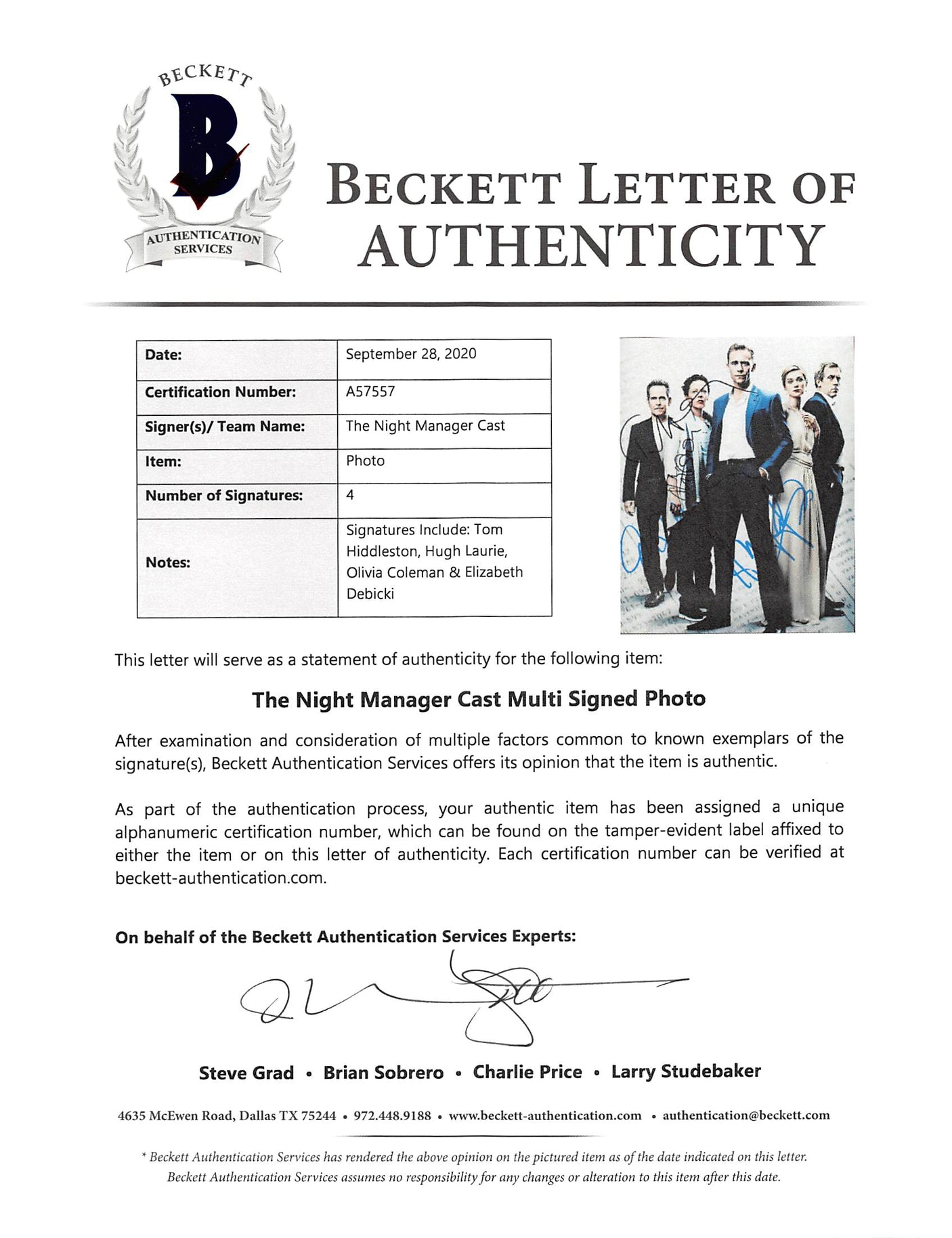 The Night Manager (4) Hiddleston, Laurie +2 Signed 11x14 Photo BAS #A57557