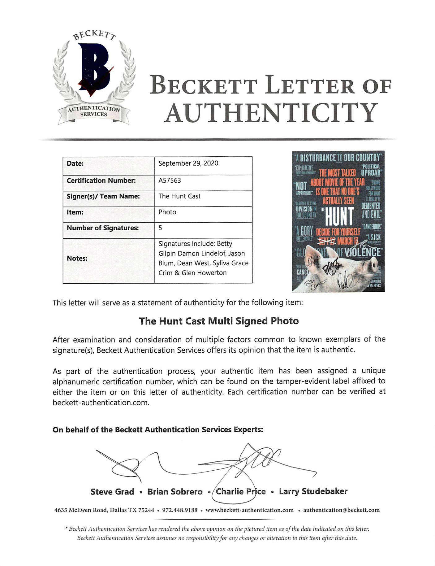 The Hunt (5) Gilpin, Lindelof, Blum, Crim & Howerton Signed 12x18 Photo BAS