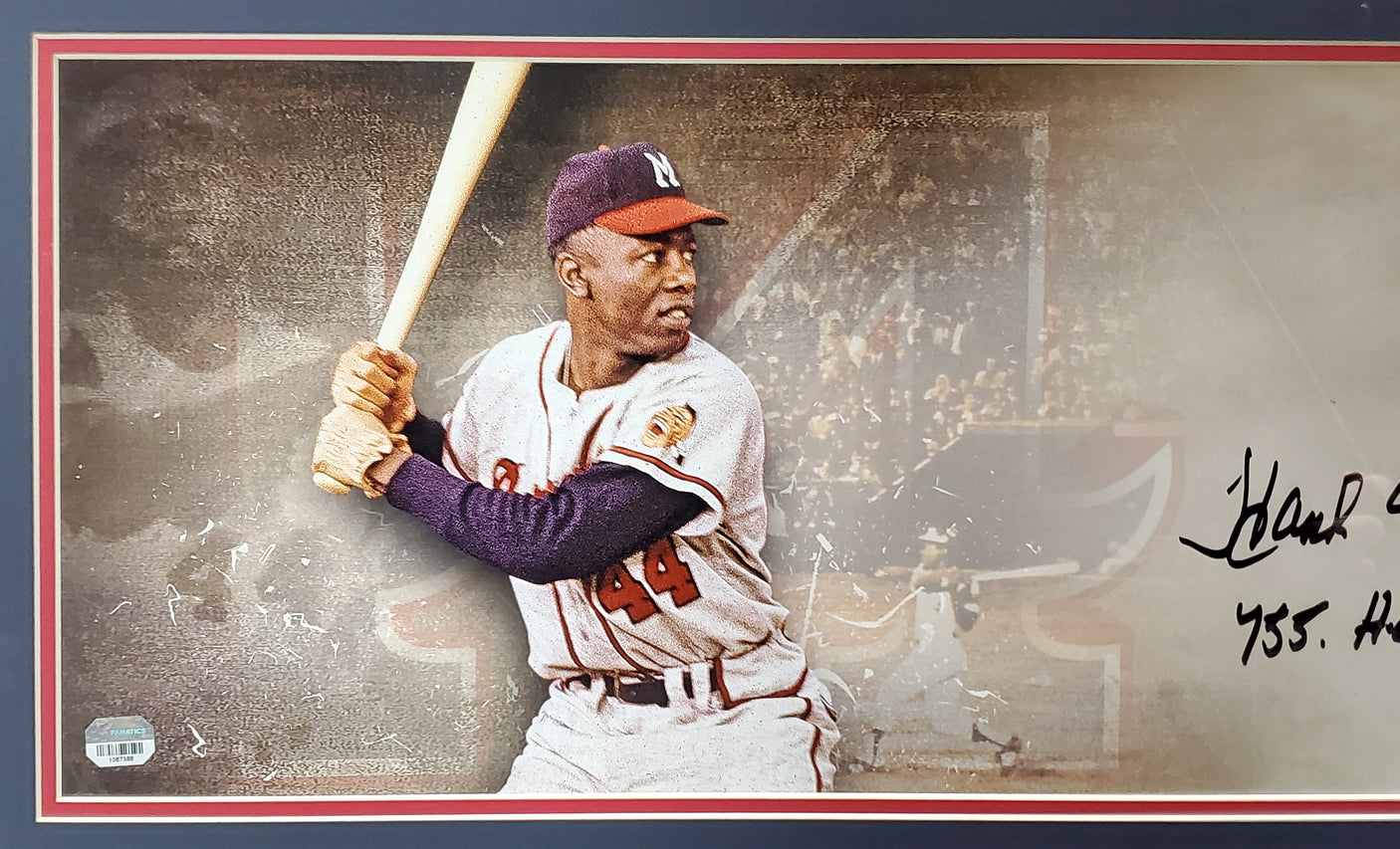 Hank Aaron Autographed Framed 10x30 Panoramic Photo Milwaukee Braves "755 HOF 82" Fanatics Stock #191202