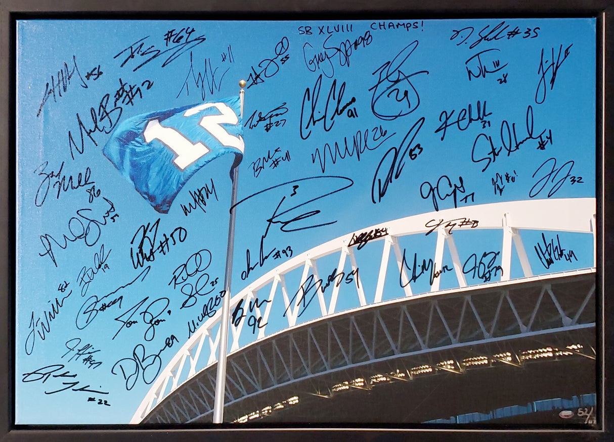 Seattle Seahawks Super Bowl XLVIII Champion Autographed Framed 20x30 Canvas Photo "SB XLVIII Champs!" With 42 Signatures Including Russell Wilson & Marshawn Lynch #/112 MCS Holo Stock #94470